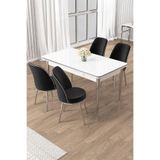 Canisa Rewa Serisi 70x114 cm Sabit Beyaz Masa Takımı, Siyah Sandalyeli, Krom Ayaklı, 4 Kişilik