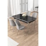 Canisa Rewa Serisi 70x114 cm Sabit Siyah Mermer Desen Masa Takımı, 4 Gri Sandalye, Krom Ayak