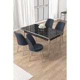 Canisa Rewa Serisi 70x114 cm Siyah Mermer Desen Sabit Masa Takımı, 4 Antrasit Sandalye, Krom Ayak
