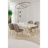 Canisa Rigel Serisi 80x130 cm Beyaz Mermer Desen Masa Takımı, Gold Ayaklı, 4 Cappucino Sandalye
