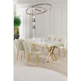 Canisa Rigel Serisi 80x130 cm Beyaz Mermer Desen Masa Takımı, Gold Ayaklı, 4 Krem Sandalye