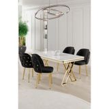 Canisa Rigel Serisi 80x130 cm Beyaz Mermer Desen Masa Takımı, Gold Ayaklı, 4 Siyah Sandalye