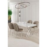 Canisa Rigel Serisi 80x130 cm Beyaz Mermer Desen Masa Takımı, Krom Ayaklı, 4 Cappucino Sandalye