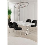 Canisa Rigel Serisi 80x130 cm Beyaz Mermer Desen Masa Takımı, Krom Ayaklı, 4 Siyah Sandalye
