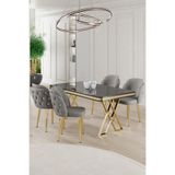 Canisa Rigel Serisi 80x130 cm Siyah Mermer Desen Masa Takımı, Gold Ayaklı, 4 Gri Sandalye