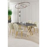 Canisa Rigel Serisi 80x130 cm Siyah Mermer Desen Masa Takımı, Gold Ayaklı, 4 Krem Sandalye