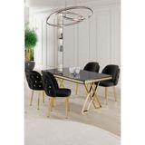 Canisa Rigel Serisi 80x130 cm Siyah Mermer Desen Masa Takımı, Gold Ayaklı, 4 Siyah Sandalye