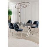 Canisa Rigel Serisi 80x130 cm Siyah Mermer Desen Masa Takımı, Krom Ayaklı, 4 Antrasit Sandalye