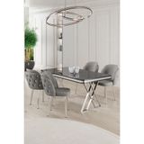 Canisa Rigel Serisi 80x130 cm Siyah Mermer Desen Masa Takımı, Krom Ayaklı, 4 Gri Sandalyeli