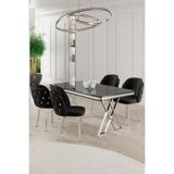 Canisa Rigel Serisi 80x132 cm Siyah Mermer Desen Masa Takımı, Krom Ayaklı, 4 Siyah Sandalye