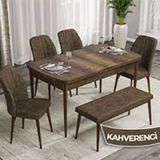 Canisa Rio Serisi 80x132 Açılabilir Mdf Barok Ahşap Desen 4 Kahverengi Sandalye ve 1 Bench Kahverengi Masa Takımı