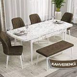 Canisa Rio Serisi 80x132 Açılabilir Mdf Beyaz Mermer Desen 4 Kahverengi Sandalye ve 1 Bench Kahverengi Masa Takımı