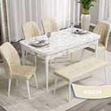 Canisa Rio Serisi 80x132 Açılabilir Mdf Beyaz Mermer Desen 4 Krem Sandalye ve 1 Bench Krem Masa Takımı