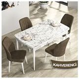Canisa Rio Serisi 80x132 Açılabilir Mdf Beyaz Mermer Desen Masa Takımı ve 4 Adet Kahverengi Sandalye