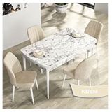Canisa Rio Serisi 80x132 Açılabilir Mdf Beyaz Mermer Desen Masa Takımı ve 4 Adet Krem Sandalye