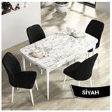 Canisa Rio Serisi 80x132 Açılabilir Mdf Beyaz Mermer Desen Masa Takımı ve 4 Adet Siyah Sandalye