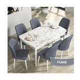 Canisa Rio Serisi 80x132 Açılabilir Mdf Beyaz Mermer Desen Masa Takımı ve 6 Adet Füme Sandalye