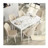 Canisa Rio Serisi 80x132 Açılabilir Mdf Beyaz Mermer Desen Masa Takımı ve 6 Adet Krem Sandalye