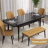 Canisa Rio Serisi 80x132 Açılabilir Mdf Siyah Mermer Desen 4 Cappucino Sandalye ve 1 Bench Cappucino Masa Takımı