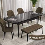 Canisa Rio Serisi 80x132 Açılabilir Mdf Siyah Mermer Desen 4 Kahverengi Sandalye ve 1 Bench Kahverengi Masa Takımı