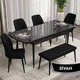 Canisa Rio Serisi 80x132 Açılabilir Mdf Siyah Mermer Desen 4 Siyah Sandalye ve 1 Bench Siyah Masa Takımı