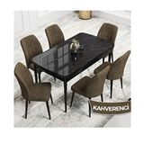 Canisa Rio Serisi 80x132 Açılabilir Mdf Siyah Mermer Desen Masa Takımı ve 6 Adet Kahverengi Sandalye