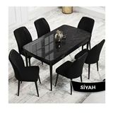 Canisa Rio Serisi 80x132 Açılabilir Mdf Siyah Mermer Desen Masa Takımı ve 6 Adet Siyah Sandalye