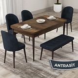 Canisa Roe Serisi 80x132 Açılabilir Barok Ahşap Desen Mutfak Masası Takımı ve 4 Antrasit Sandalye ve Antrasit 1 Bench