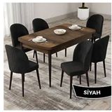 Canisa Roe Serisi 80x132 Açılabilir Barok Ahşap Desen Mutfak Masası Takımı ve 6 Adet Siyah Sandalye