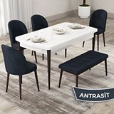 Canisa Roe Serisi 80x132 Açılabilir Beyaz Masa Ceviz Ayak Mutfak Masası Takımı ve 4 Antrasit Sandalye ve Antrasit 1 Bench
