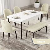 Canisa Roe Serisi 80x132 Açılabilir Beyaz Masa Ceviz Ayak Mutfak Masası Takımı ve 4 Krem Sandalye ve Krem 1 Bench