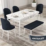 Canisa Roe Serisi 80x132 Açılabilir Beyaz Mermer Desen Mutfak Masası Takımı ve 4 Antrasit Sandalye ve Antrasit 1 Bench