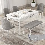 Canisa Roe Serisi 80x132 Açılabilir Beyaz Mermer Desen Mutfak Masası Takımı Ve 4 Gri Sandalye Ve 1 Bench