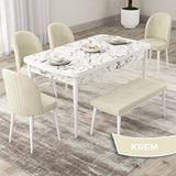 Canisa Roe Serisi 80x132 Açılabilir Beyaz Mermer Desen Mutfak Masası Takımı ve 4 Krem Sandalye ve Krem 1 Bench