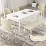 Canisa Roe Serisi 80x132 Açılabilir Beyaz Mutfak Masası Takımı ve 4 Krem Sandalye ve Krem 1 Bench