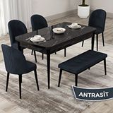 Canisa Roe Serisi 80x132 Açılabilir Siyah Mermer Desen Mutfak Masası Takımı ve 4 Antrasit Sandalye ve Antrasit 1 Bench
