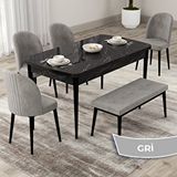 Canisa Roe Serisi 80x132 Açılabilir Siyah Mermer Desen Mutfak Masası Takımı Ve 4 Gri Sandalye Ve 1 Bench