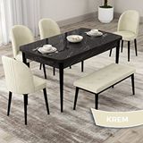 Canisa Roe Serisi 80x132 Açılabilir Siyah Mermer Desen Mutfak Masası Takımı ve 4 Krem Sandalye ve Krem 1 Bench