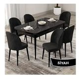 Canisa Roe Serisi 80x132 Açılabilir Siyah Mermer Desen Mutfak Masası Takımı ve 6 Adet Siyah Sandalye