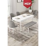 Canisa Roe Serisi Açılabilir Mdf 80x132 Beyaz Mutfak Masası Takımı 4 Gri Sandalye 1 Bench