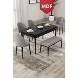 Canisa Roe Serisi Açılabilir Mdf 80x132 Siyah Mermer Desen Mutfak Masası Takımı 4 Gri Sandalye 1 Bench