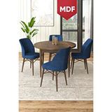 Canisa Rox Serisi Mdf Yuvarlak 90x90 Barok Ahşap Desenli Sabit Masa 4 Lacivert Sandalye Mutfak Masası Takımı Kahverengi