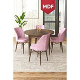 Canisa Rox Serisi Mdf Yuvarlak 90x90 Barok Ahşap Desenli Sabit Masa 4 Pembe Sandalye Mutfak Masası Takımı Kahverengi