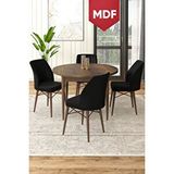 Canisa Rox Serisi, Mdf Yuvarlak Yemek Masası Barok Ahşap Desen Masa Ve 4 Siyah Sandalye Kahverengi