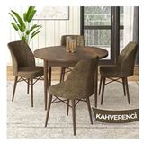 Canisa Rox Serisi Yuvarlak Mutfak Masa Takımı Barok Ahşap Desen Masa ve 4 Adet Kahverengi Sandalye