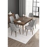 Canisa Roy Serisi 80x132 Mdf Barok Ahşap Desen Mutfak Masası Takımı 6 Gri Sandalye Kahverengi