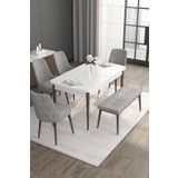 Canisa Roy Serisi 80x132 Mdf Beyaz Masa Ceviz Ayak 4 Gri Sandalye 1 Bench Mutfak Masası Takımı