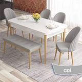 Canisa Roz Serisi 80x132 Açılabilir Barok Ahşap Desen 4 Gri Sandalye ve 1 Bench Gri Masa Takımı