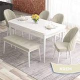 Canisa Roz Serisi 80x132 Açılabilir Beyaz Doğal Ahşap Ayak 4 Krem Sandalye ve 1 Bench Krem Masa Takımı