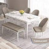 Canisa Roz Serisi 80x132 Açılabilir Beyaz Mermer Desen 4 Cappucino Sandalye ve 1 Bench Cappucino Masa Takımı